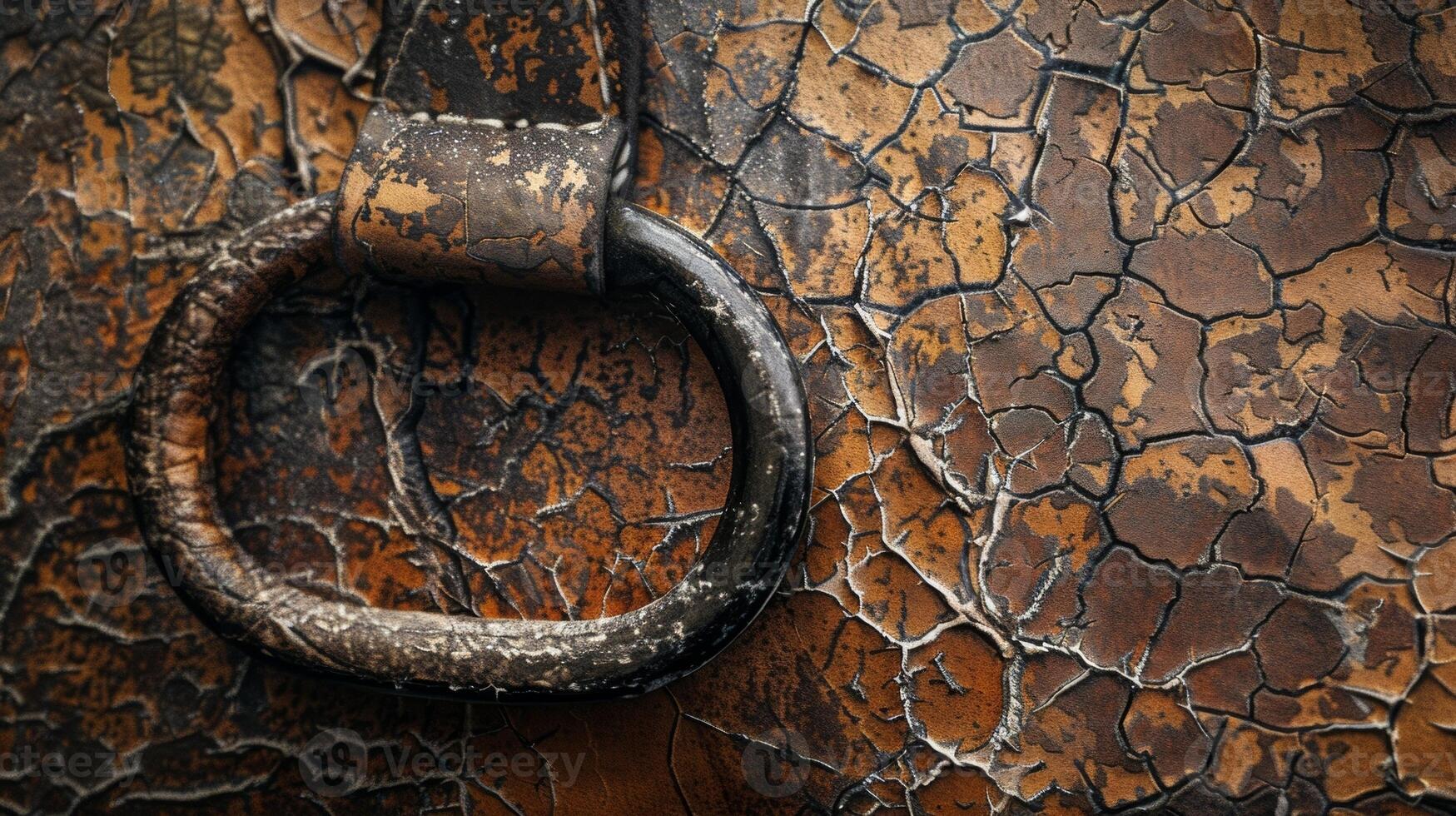 Layers of dust and grime settled onto a cracked and worn leather handle with visible creases and an aged patina photo