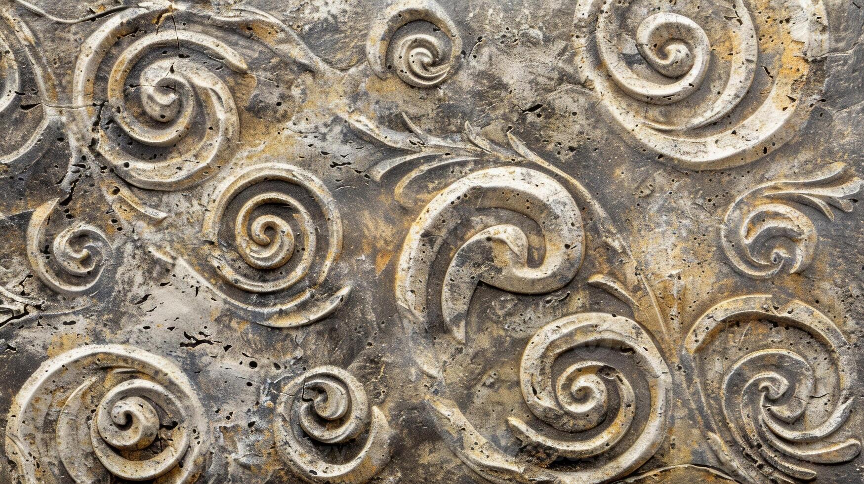 An intricate pattern of raised swirls and lines adorns these tiles adding a touch of elegance to their rough surface photo