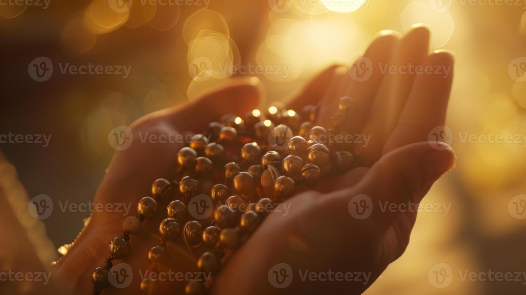 Defocused images of hands holding rosary beads moving in unison with quiet chants photo