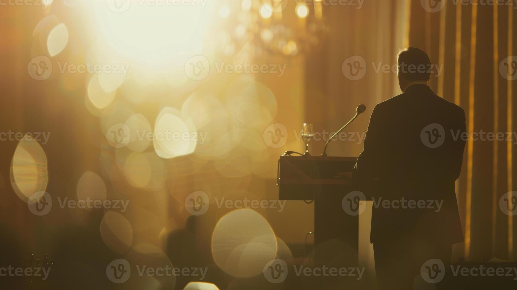 The hazy outline of an auctioneer taking bids at the podium photo