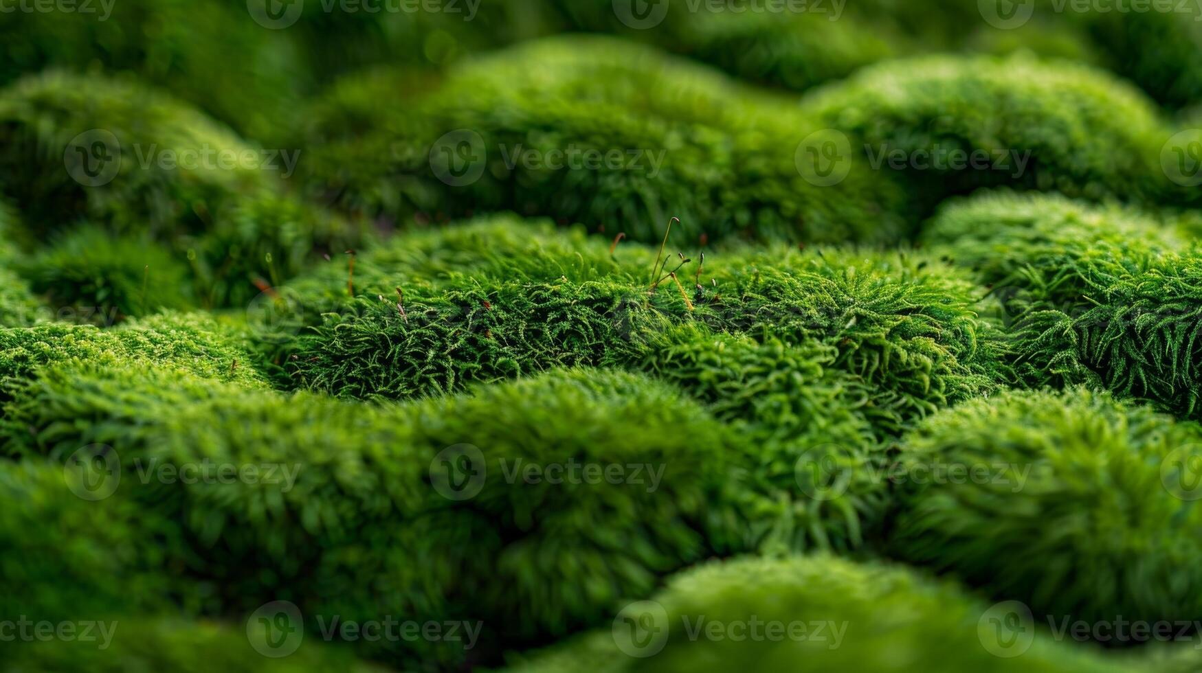 The soft cushiony texture of moss with its plush layers and tered patches of vibrant emerald green photo