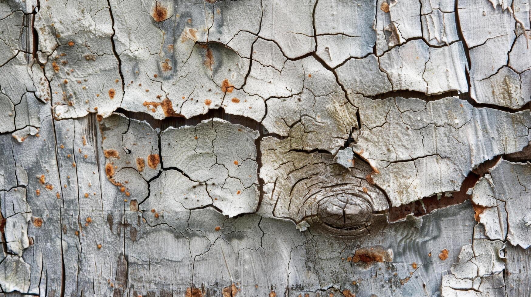 Intricate web of fine lines and jagged shards where chunks of paint have chipped away revealing glimpses of weathered wood beneath photo