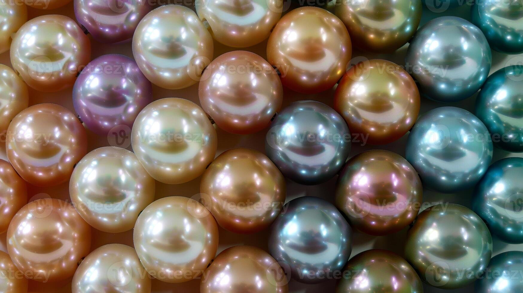 A closeup of a pearl necklace revealing the individual pearls uniquely smooth and lustrous surfaces reflecting a rainbow of colors photo