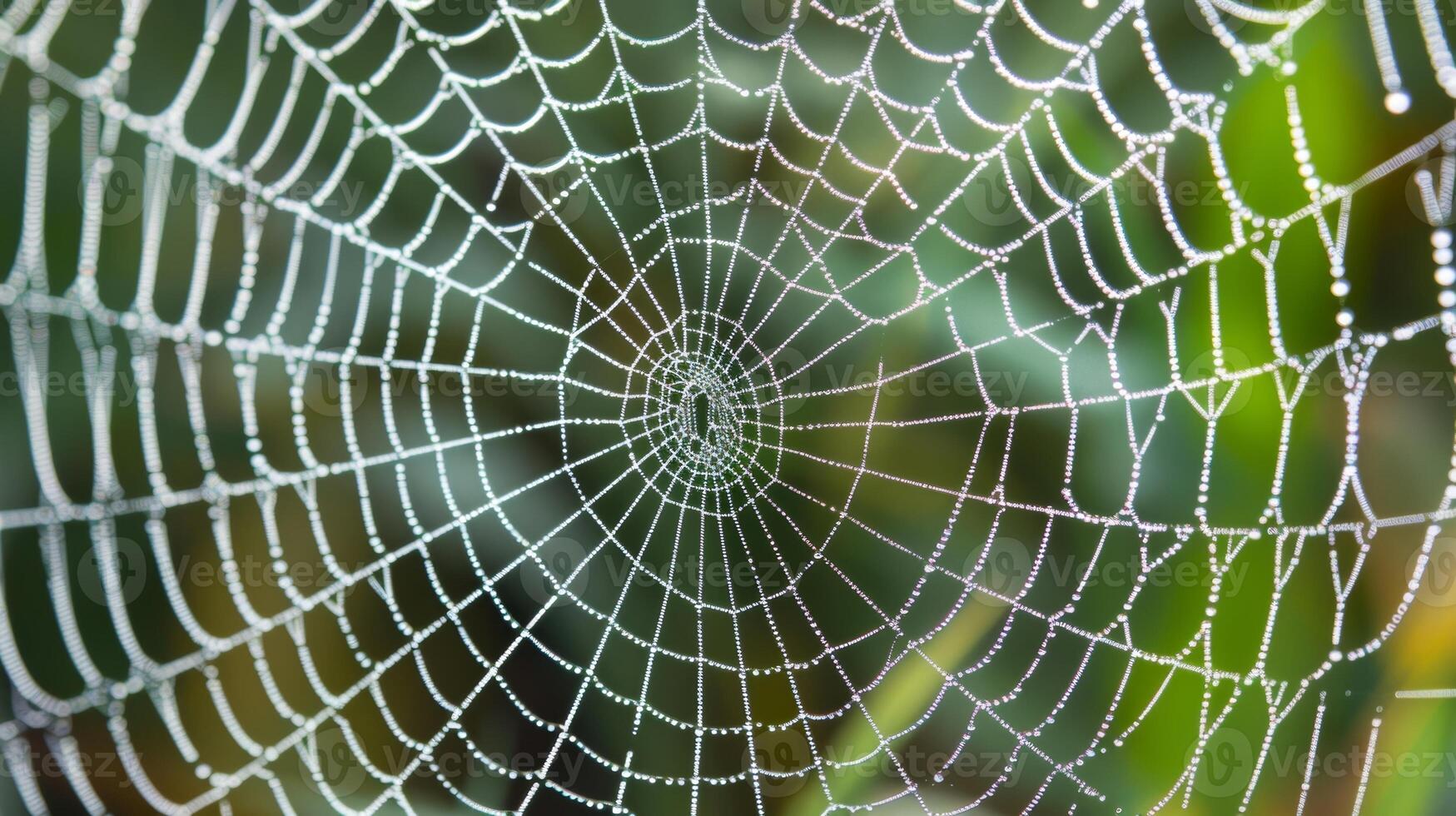 An upclose view of a silky spider web with fine almost translucent threads radiating from a central point photo
