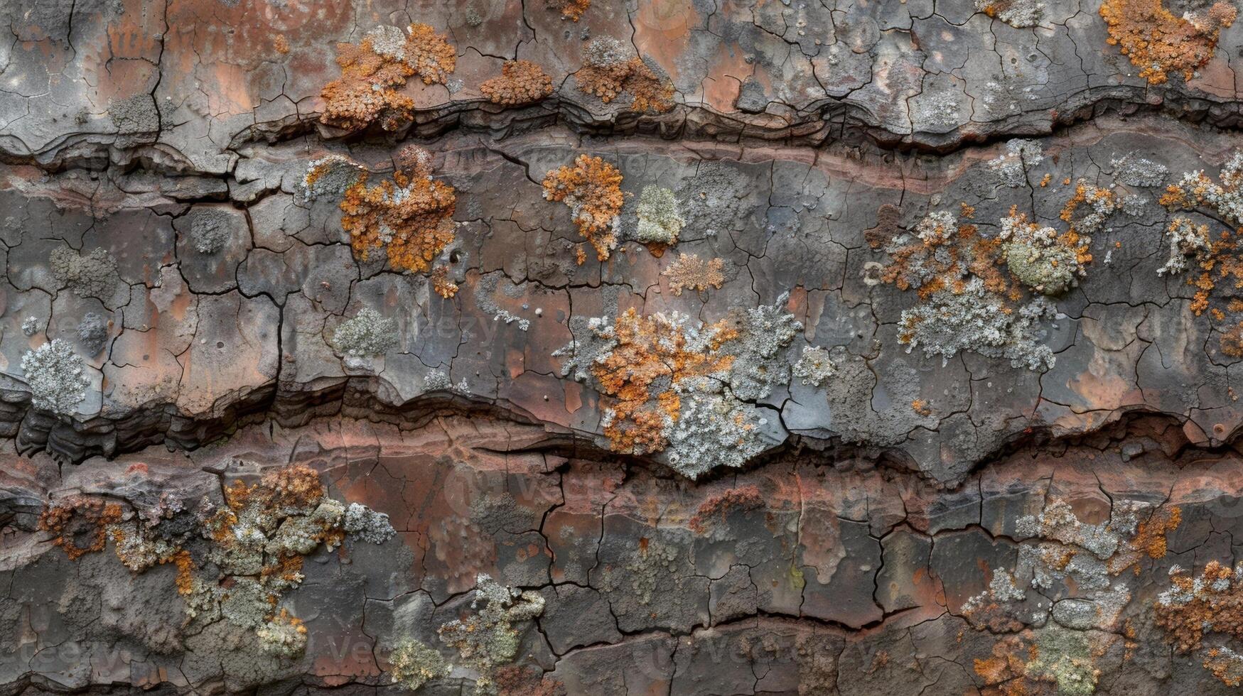Rustic and weathered this bark texture is characterized by its aged and cracked surface displaying a rich earthy color palette with hints of moss and lichen photo
