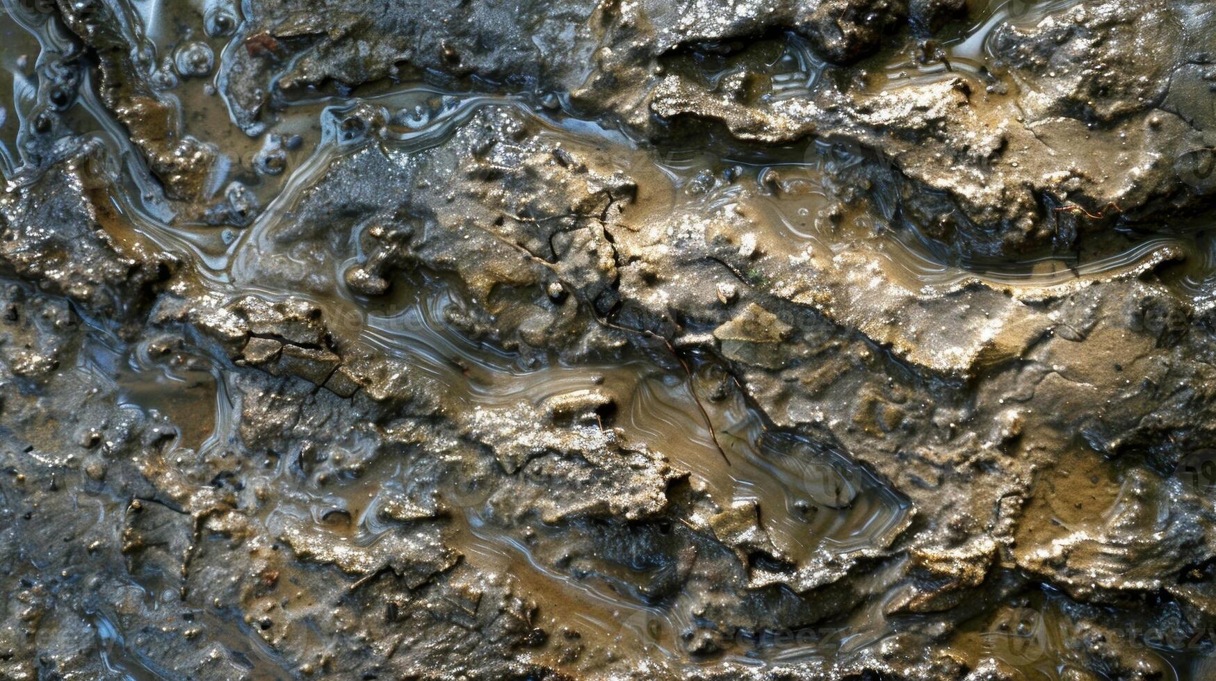 Clinging to the surface the thick mud creates a glossy and uneven texture with ripples and crevices photo