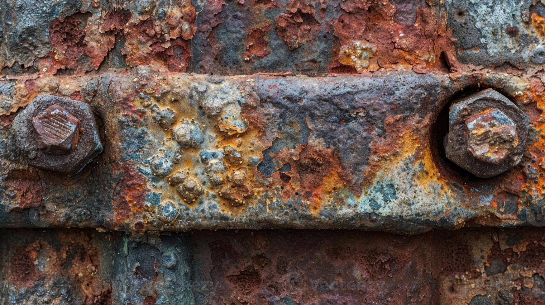 A rusty iron bolt covered in a thick layer of reddishbrown rust and rusted through in some spots photo