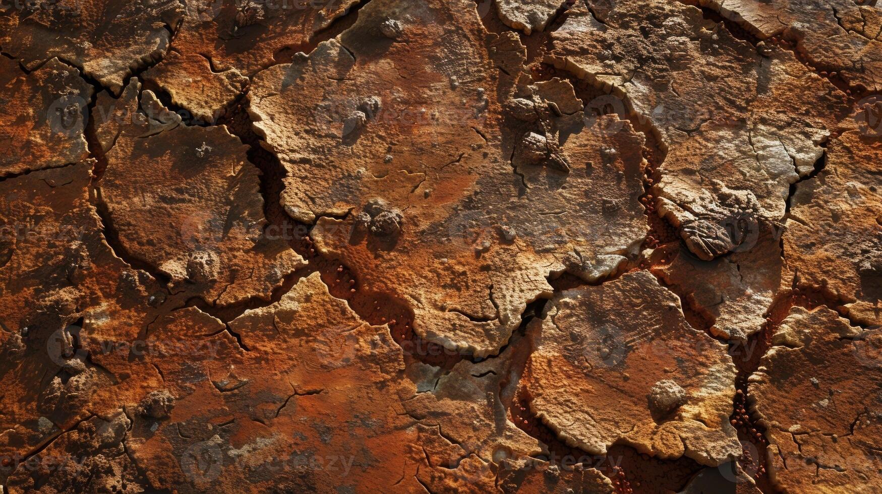 Uneven and crumbled patches of reddishbrown earth showcasing a rough and grainy texture photo