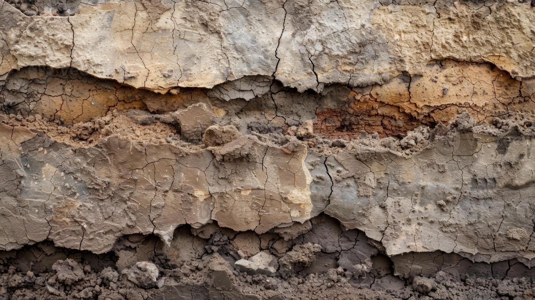 Rough and crumbling soil with layers of different shades of earth visible in intricate patterns photo