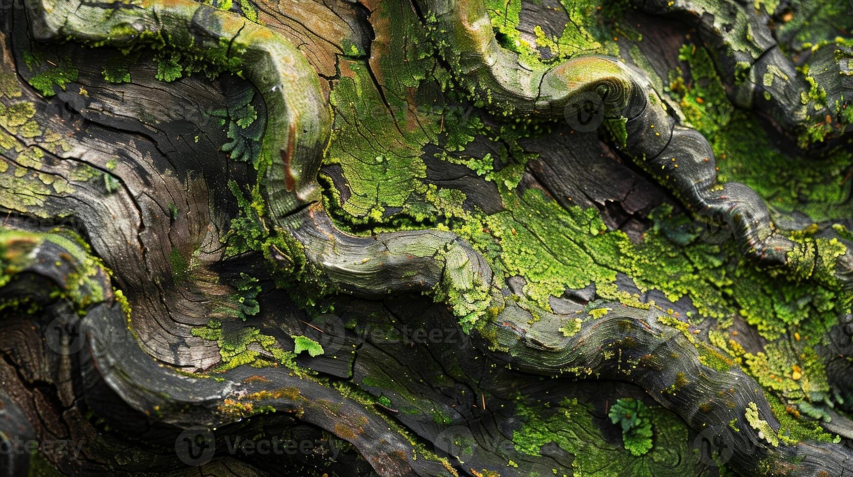 Like a living breathing painting the blurred swirls of green brown and black come together in a rich and tantalizing texture of a mosscovered tree trunk photo