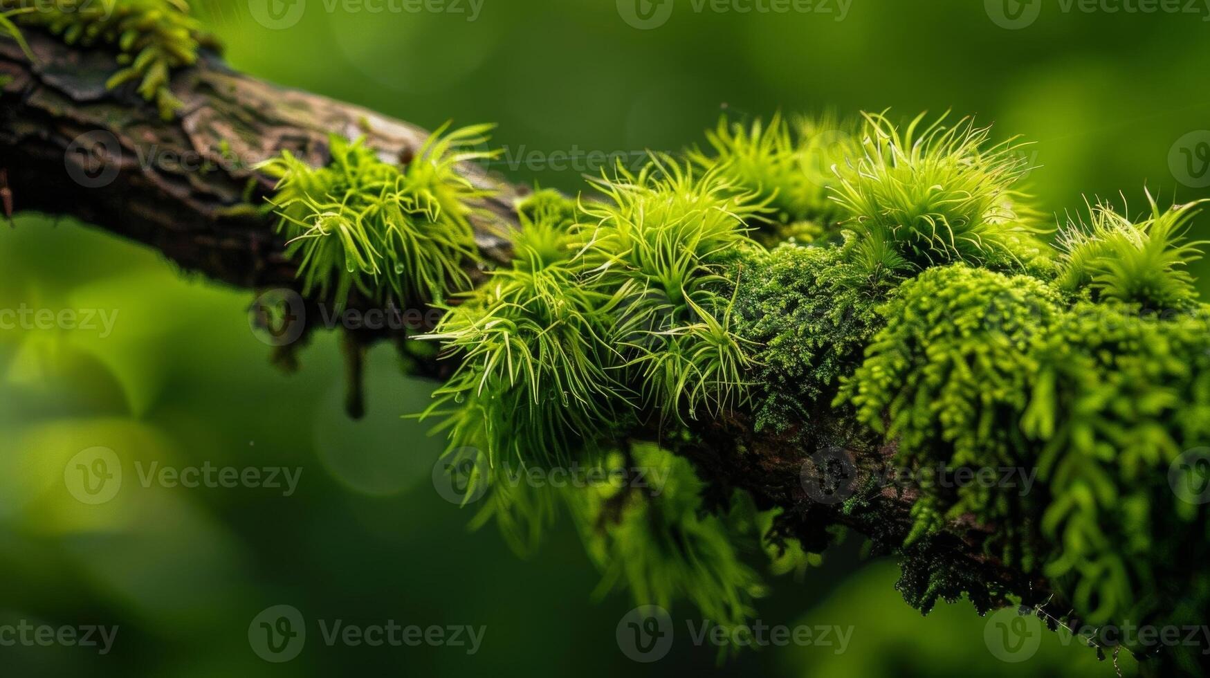 The bumpy craggy texture of a sy tree branch adorned with wispy tendrils of emerald moss almost like a beautiful frizzy hairstyle photo
