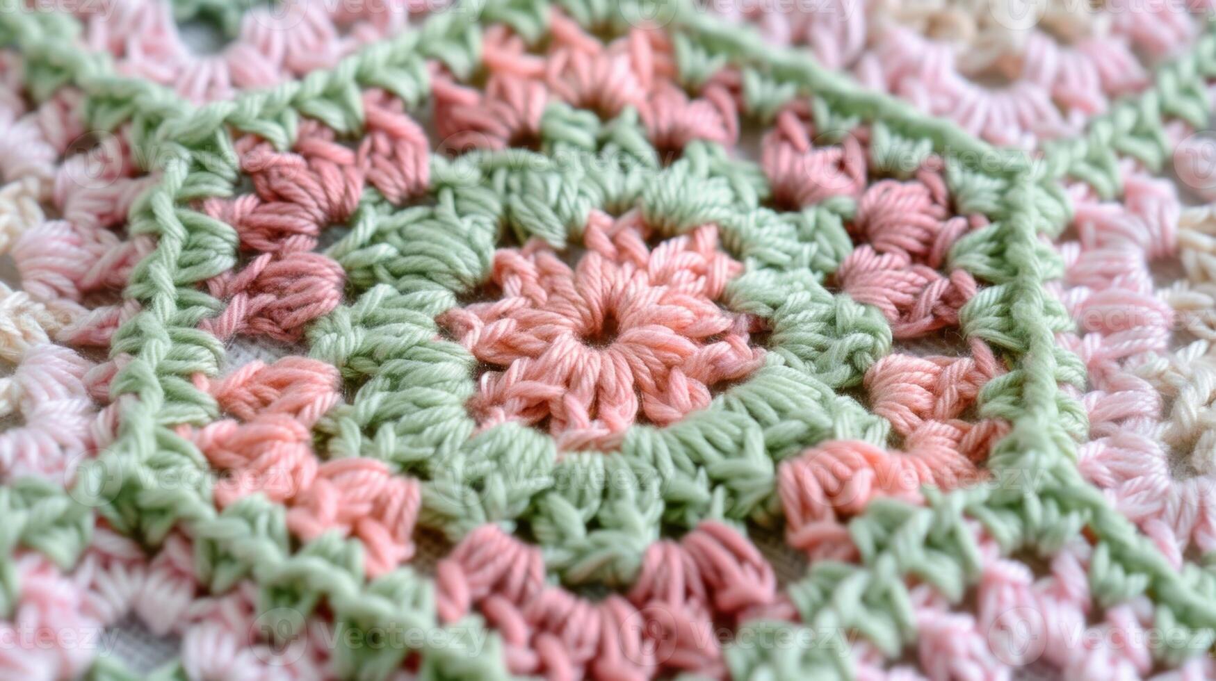 A crocheted granny square revealing an elaborate pattern of interlocking stitches in shades of pastel pink and green photo