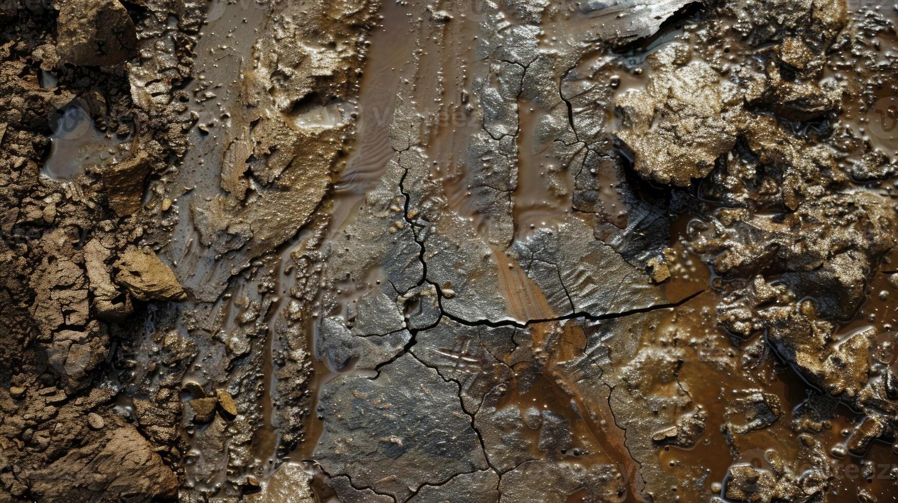 A top view of a deep mud puddle showcasing the smooth and slick texture of the wet surface photo