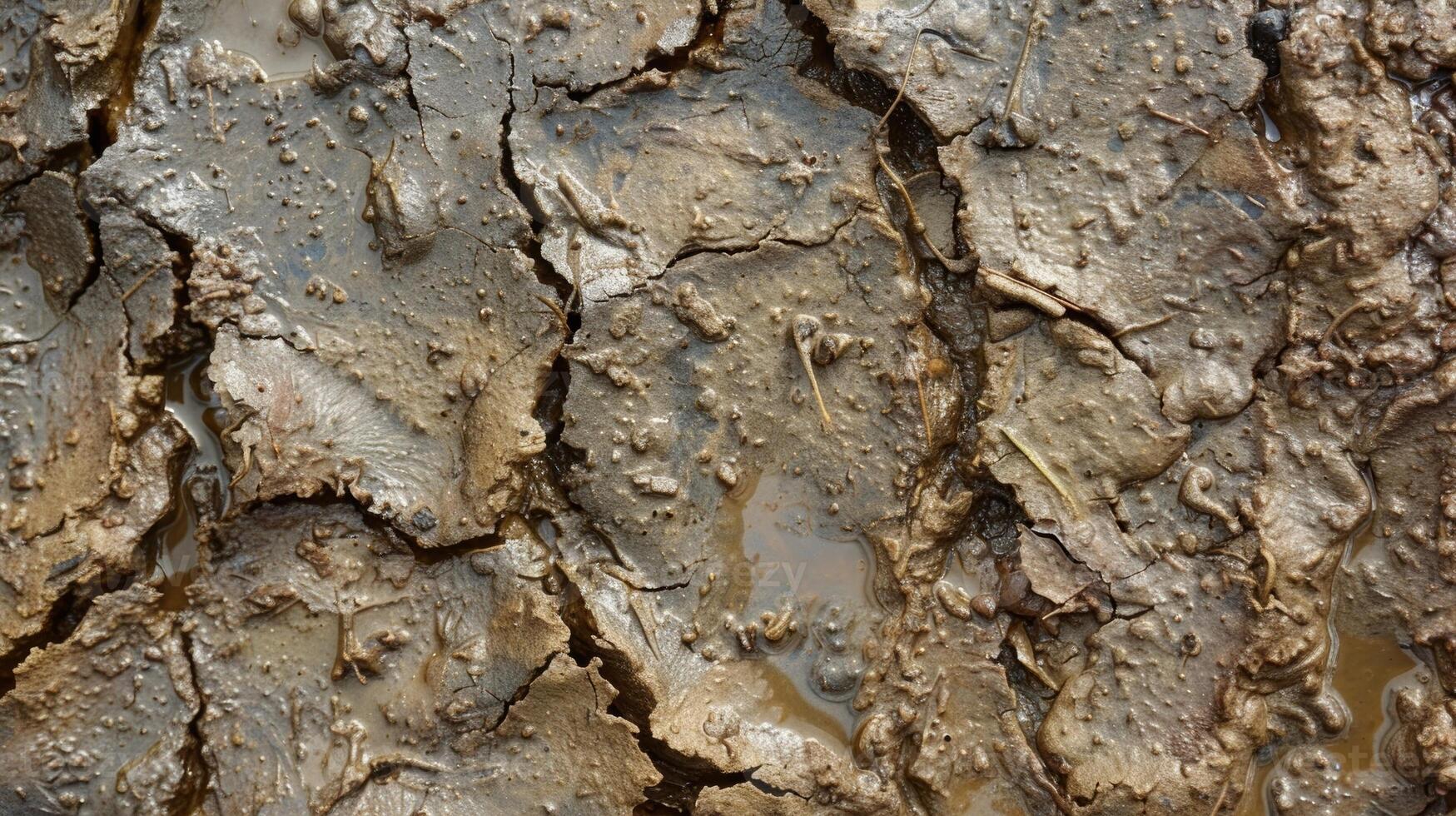 The rough and gritty texture of mud drying on the surface of a puddle creating a hardened and crusty appearance photo