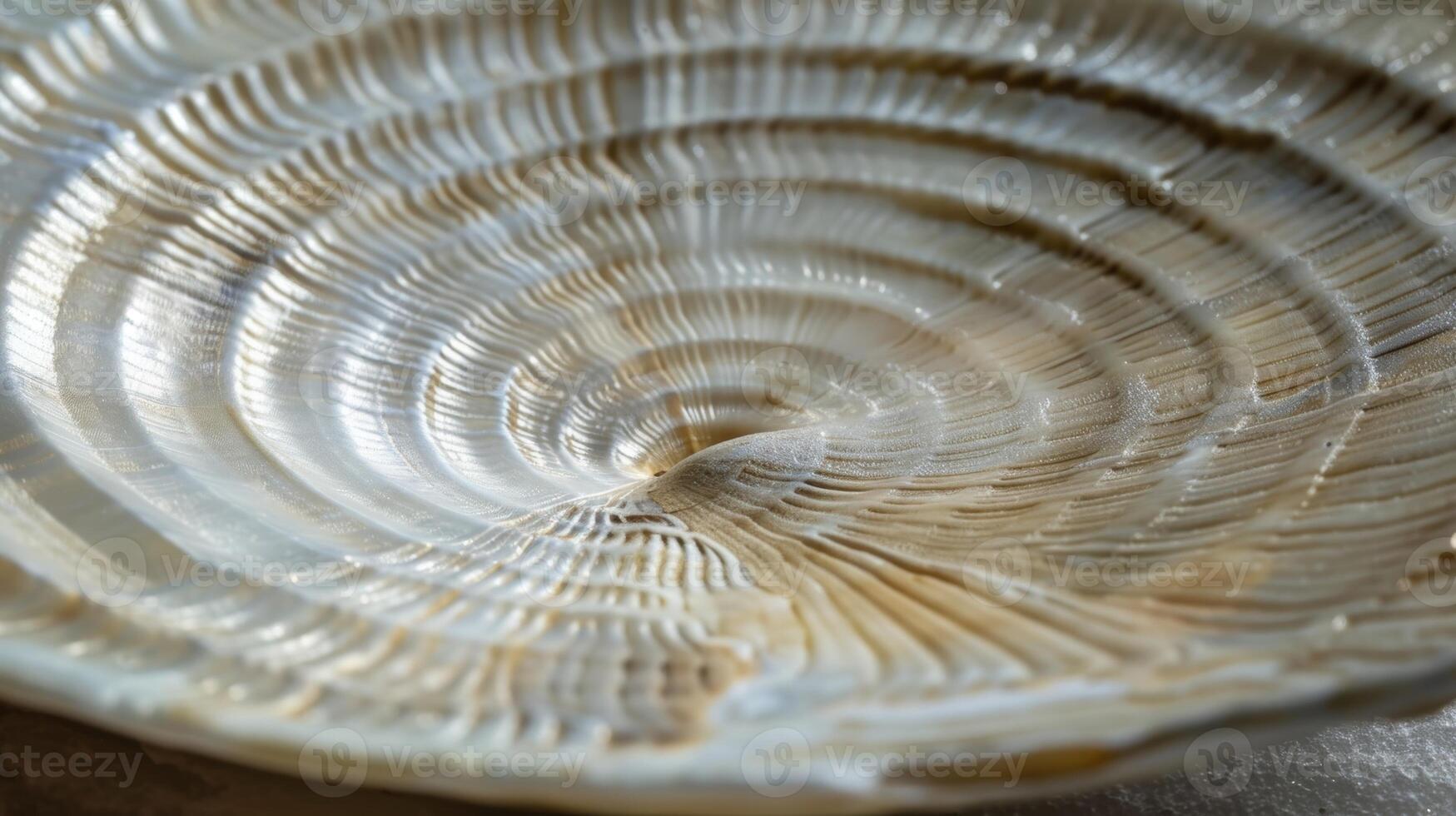 A flat circular shell with a smooth matte surface and faint concentric circles etched into its surface photo