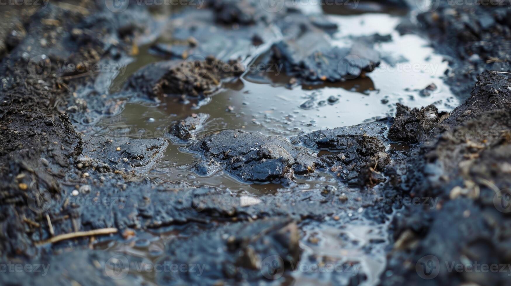 The muddy and sticky texture of a puddle after being disturbed with clumps of dirt and debris creating a lumpy and uneven appearance photo