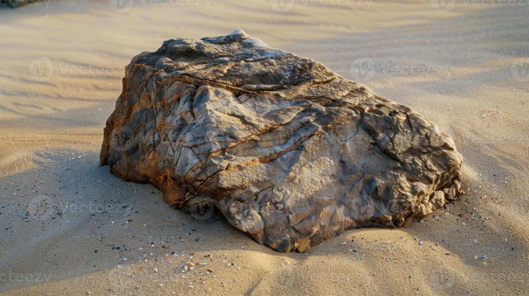 Closeup of a weathered sunbleached rock nestled in the midst of a sandy shore showcasing its rough and craggy surface and the fine grains of sand settled on top photo