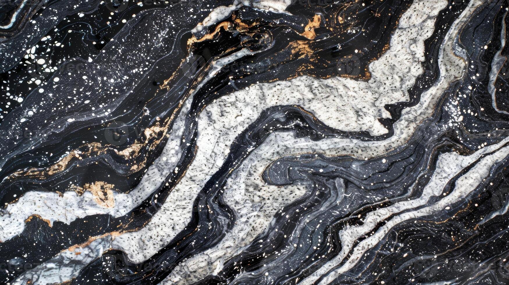 A close examination of this granite shows a glossy black base with subtle s of white and light grey intersecting in organic patterns photo