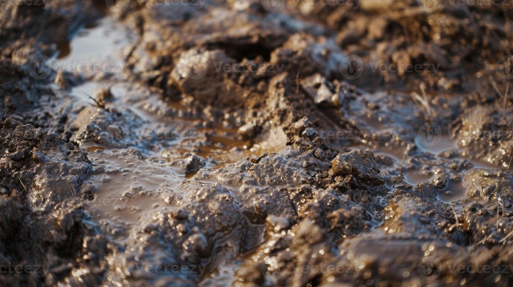 An upclose shot of muddy dirt showcasing its thick and sticky consistency with chunks of organic matter tered throughout photo