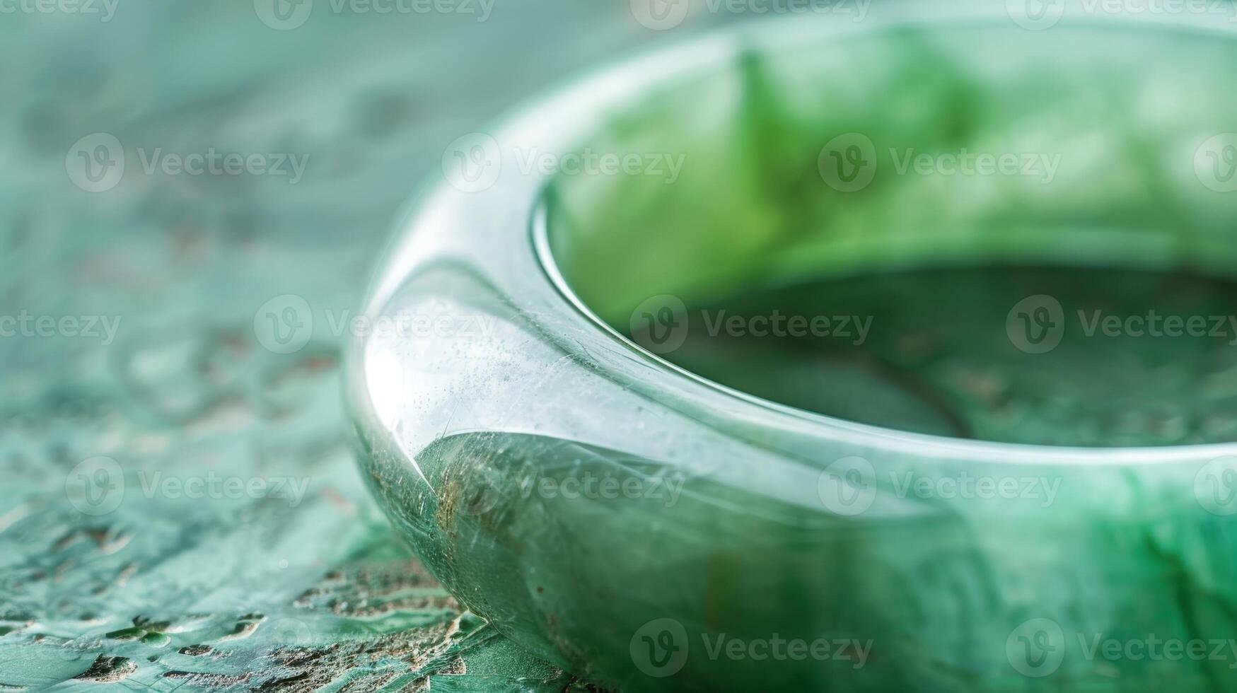 A macro shot of a delicately smooth shimmering jade bangle with a milky green hue highlighting its glossy finish photo