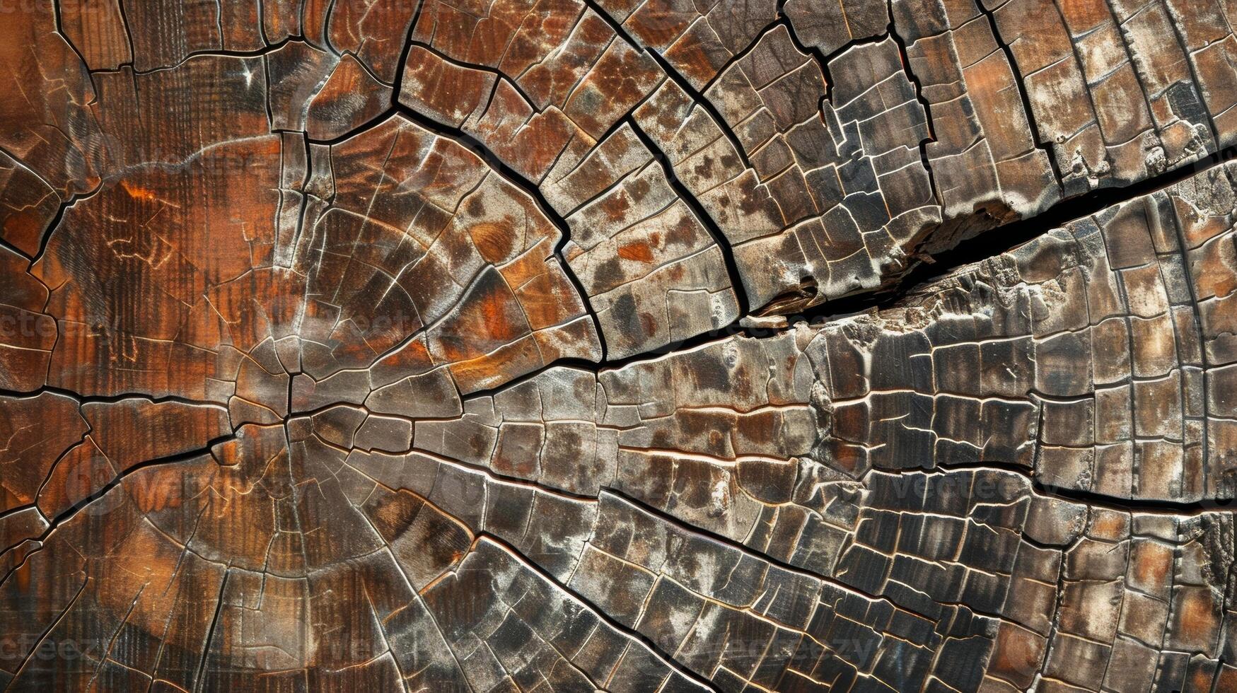 The intricate patterns of crackled wood resemble a thin layer of ice with delicate cracks and fissures interweaving to form a striking mosaic photo