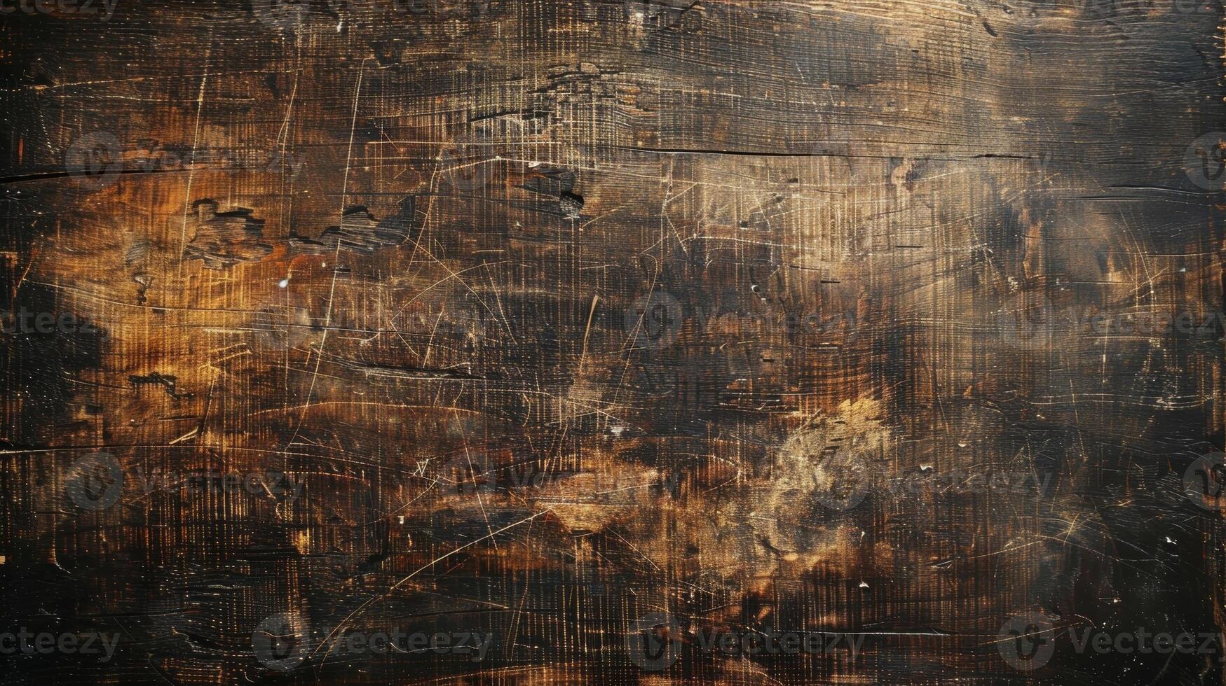 A topdown shot of an old weathered tabletop covered in scratches and scuffs revealing a patchwork of worn and faded wood grain photo