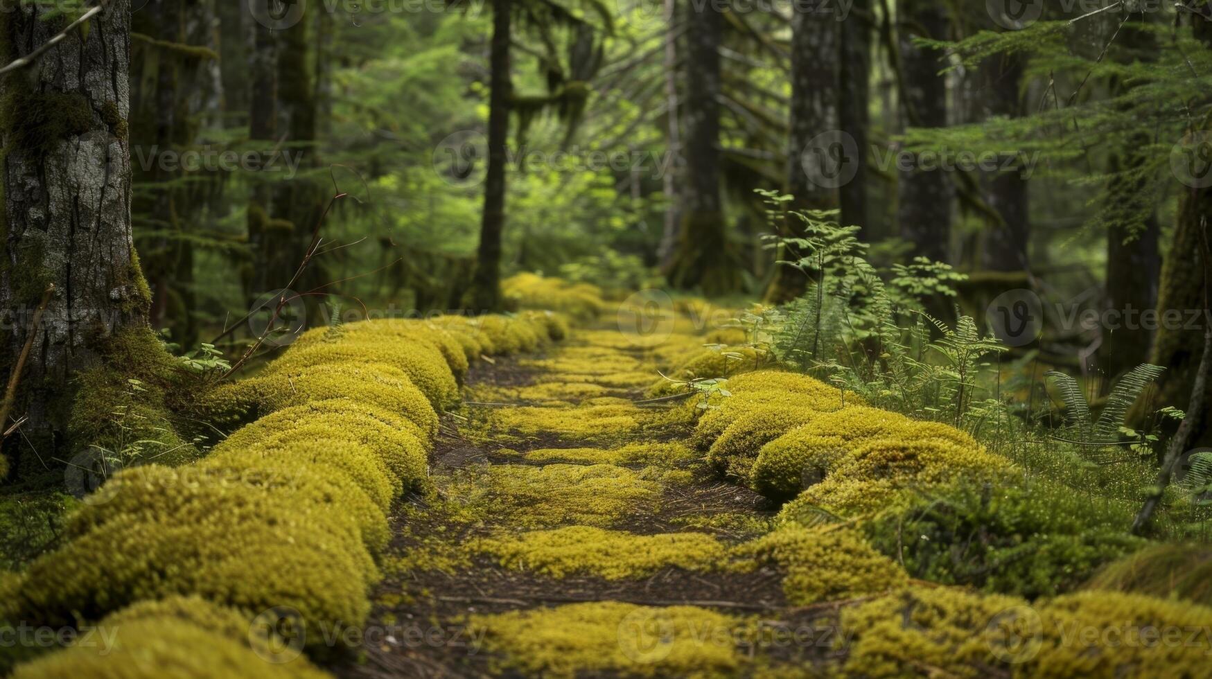 A closeup of spongelike moss creating a lush and bumpy walkway surrounded by towering trees photo