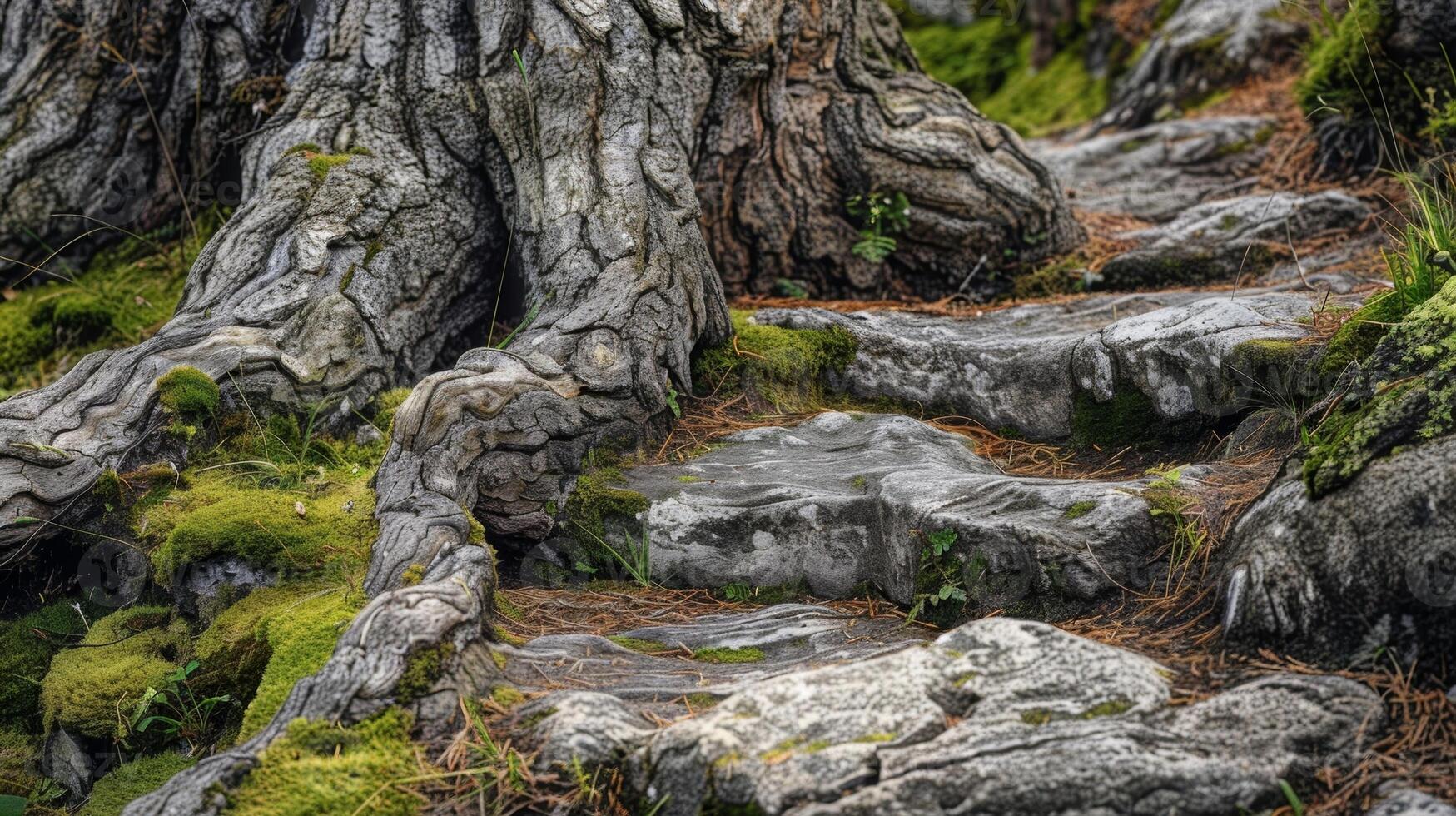 The gnarled rough bark of a tree mixed with the soft smooth moss covering its base creating a natural pathway photo