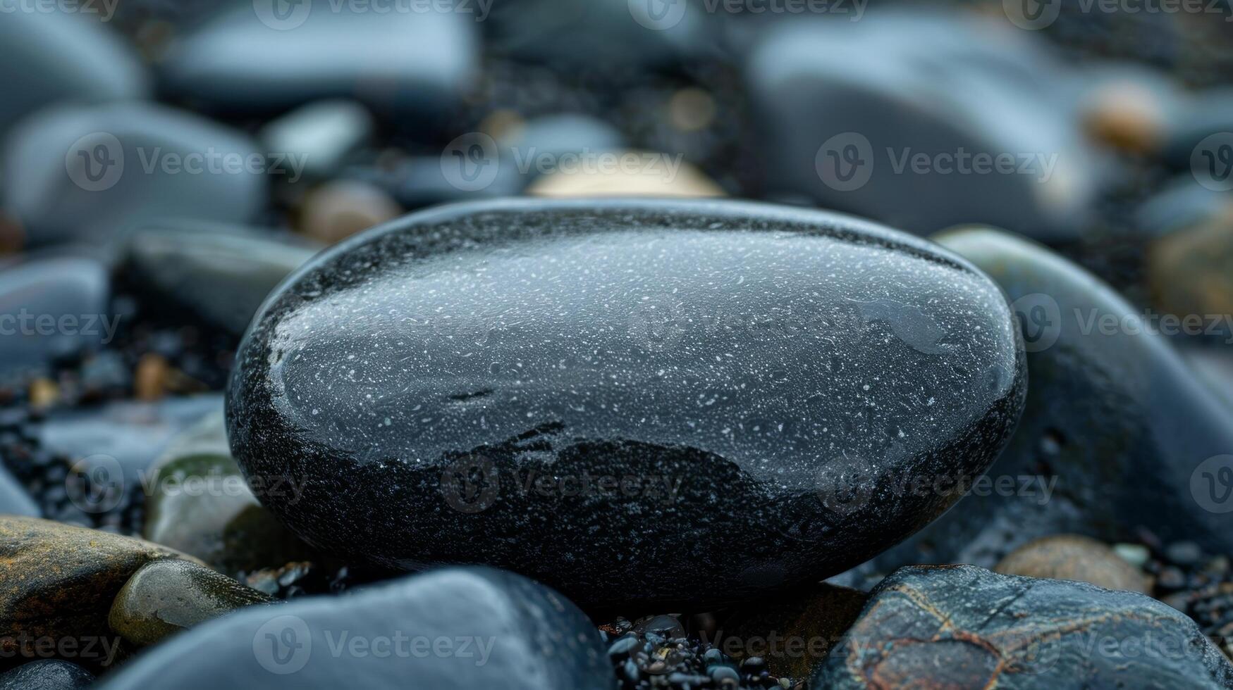 A closeup of a dark almost black pebble with a smooth and glossy surface. Its shape is perfectly round and its surface is free of any imperfections photo