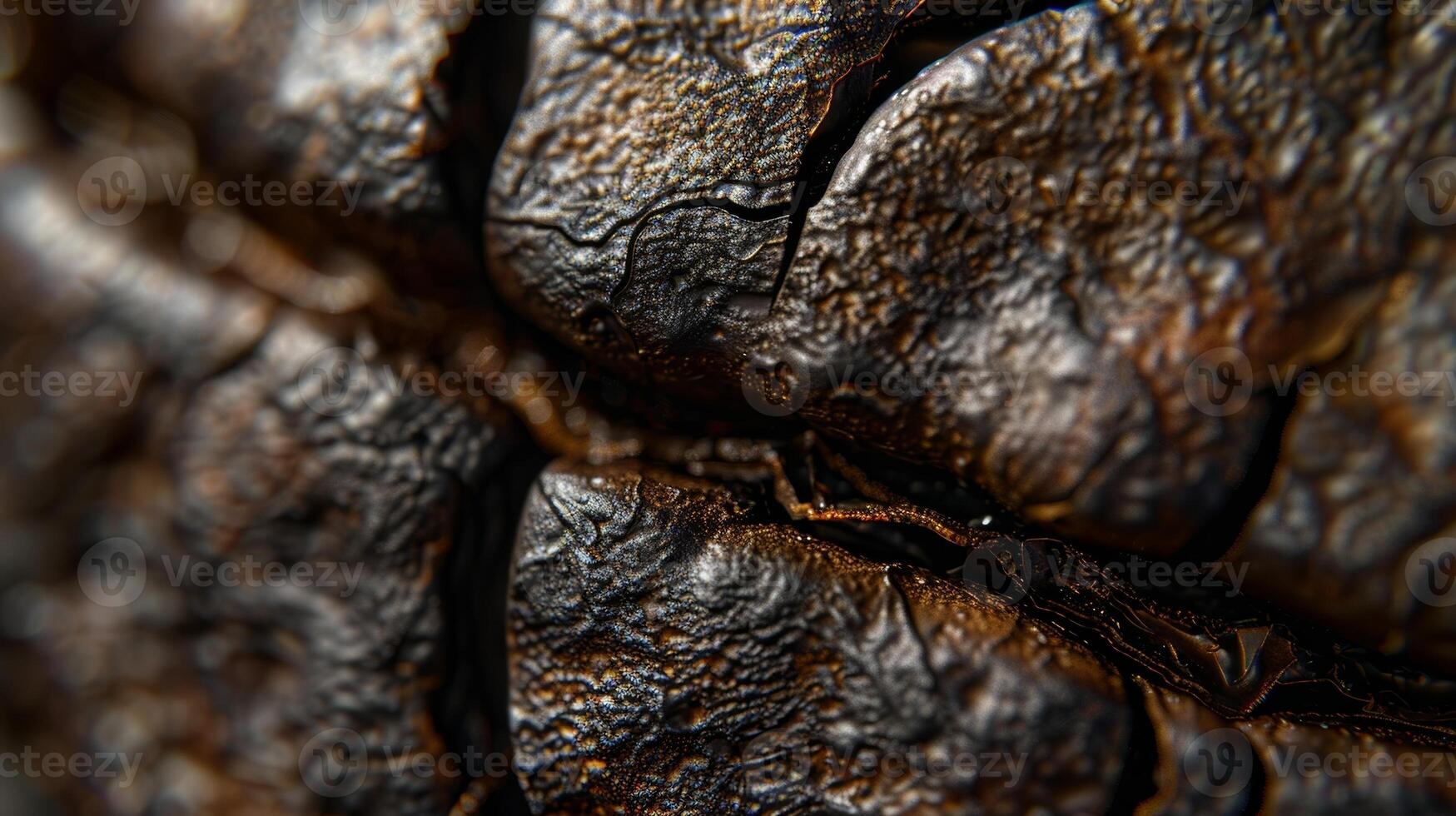 The rough texture of these coffee beans is enhanced by the shadows and highlights created by the lighting. Each bean has a unique pattern of lines and indentations photo