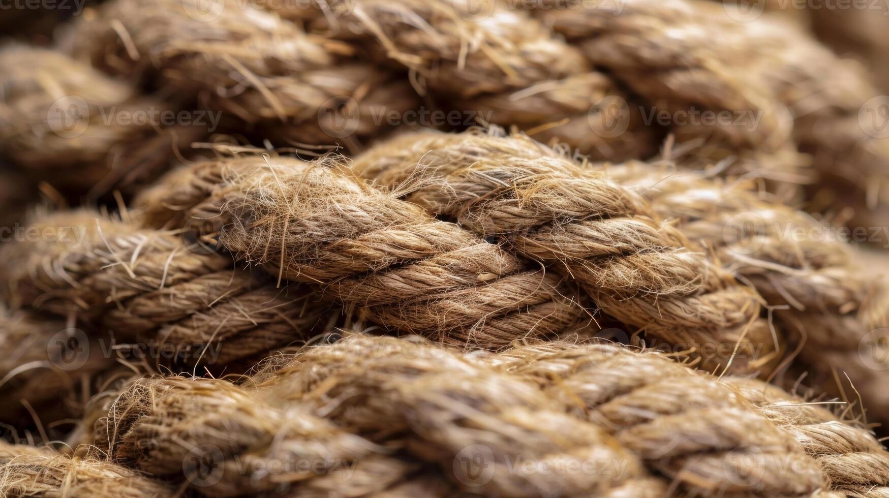 The tightly woven rope creates a dense almost ridged appearance with thin strands of loose jute protruding in various directions photo