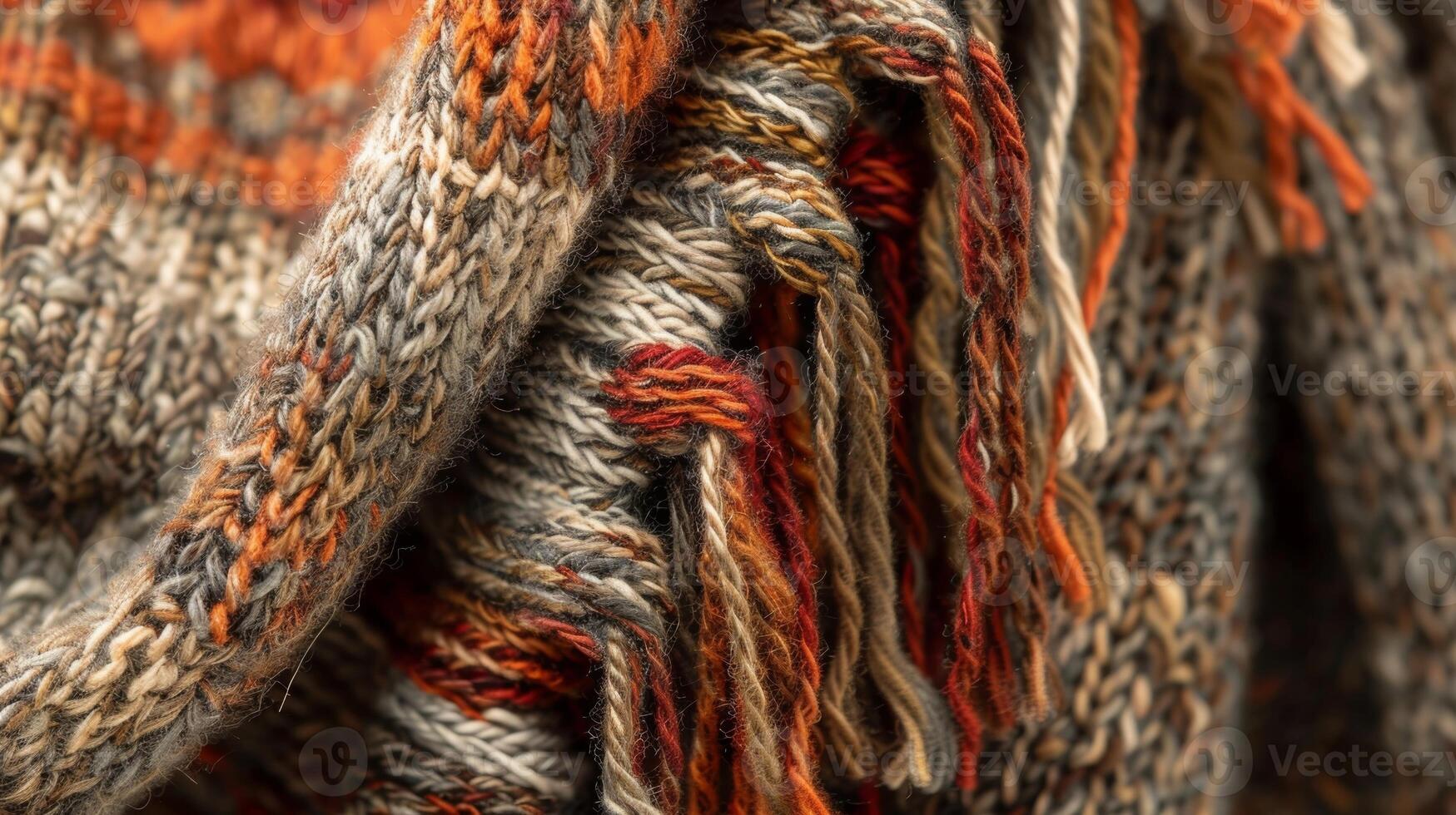 A detailed view of the tassel fringe on a wool scarf with frayed edges and a mix of earthytoned threads adding depth and dimension photo