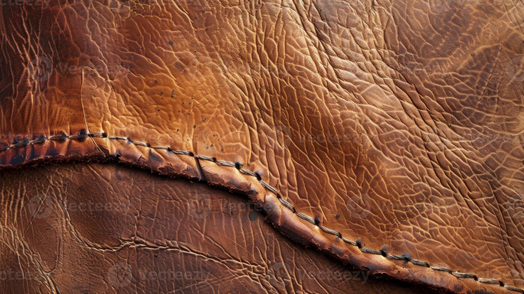 The rough and uneven texture of a piece of worn leather with imprints of stitching and scuffs from daily wear and tear photo