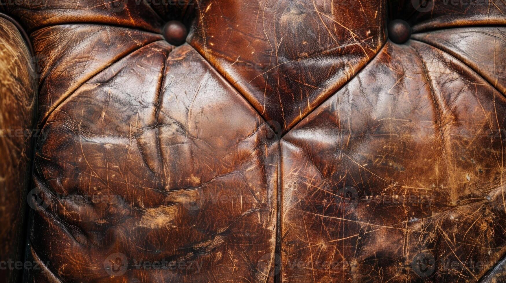 A closeup of a wellloved leather chair showing the smooth yet scratched surface with areas of worn and shiny leather where it has been sat on repeatedly photo