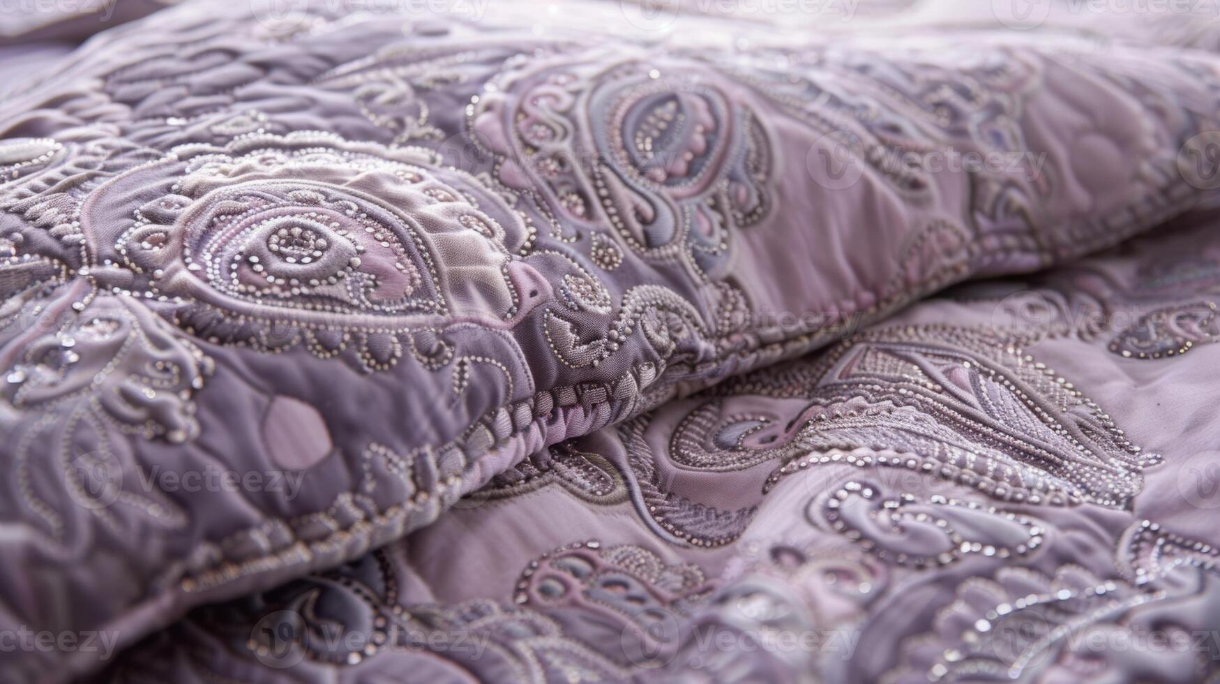 A closeup of a quilted bedspread shows a delicate paisley pattern in soft shades of lavender and grey with subtle metallic accents photo