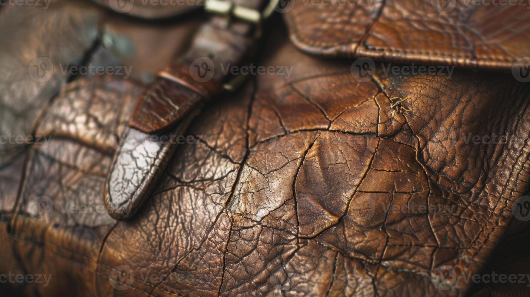 A closeup of a leather bag showcasing the cracked and distressed surface resembling a map of the owners journey and adventures photo