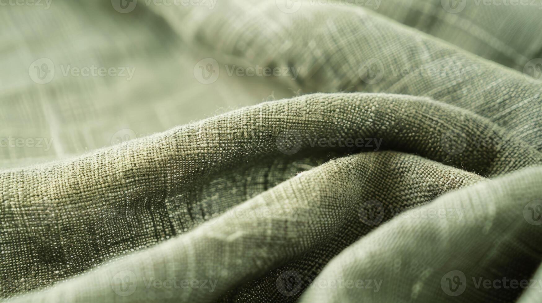 A closeup of a sage green linen tablecloth revealing the soft and supple d of the fabric and its small woven details photo
