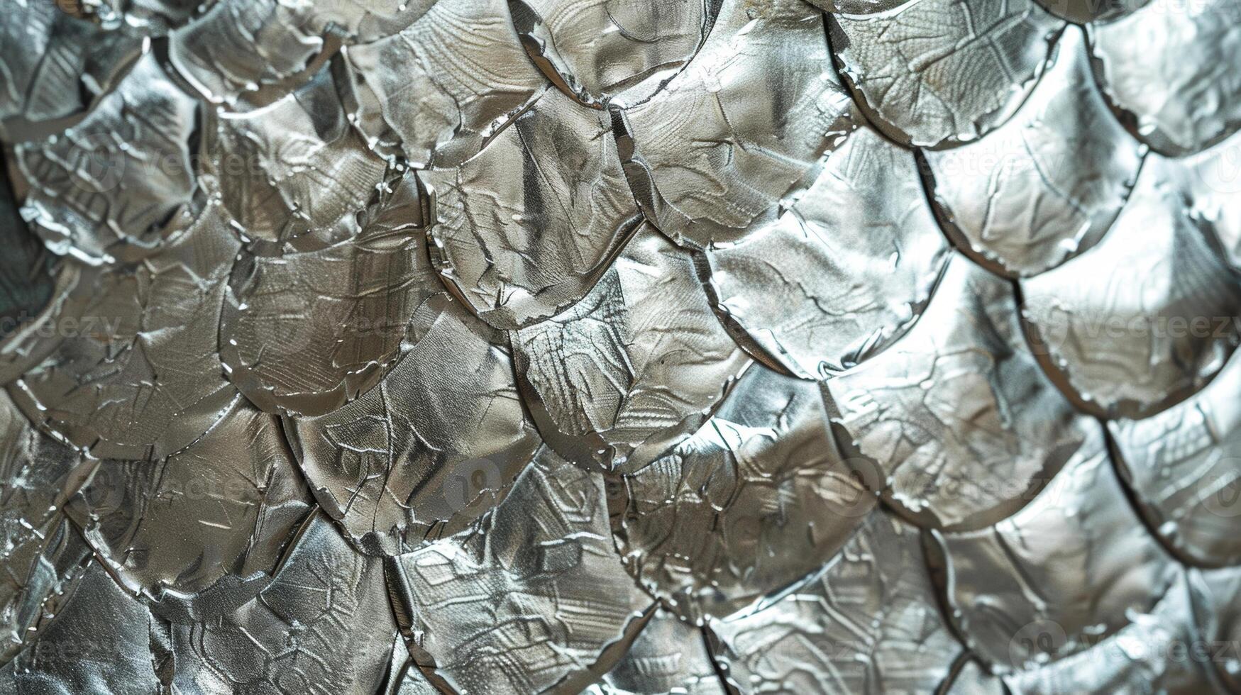 A closeup of a shimmering silver embossed paper resembling the texture of dragon scales photo