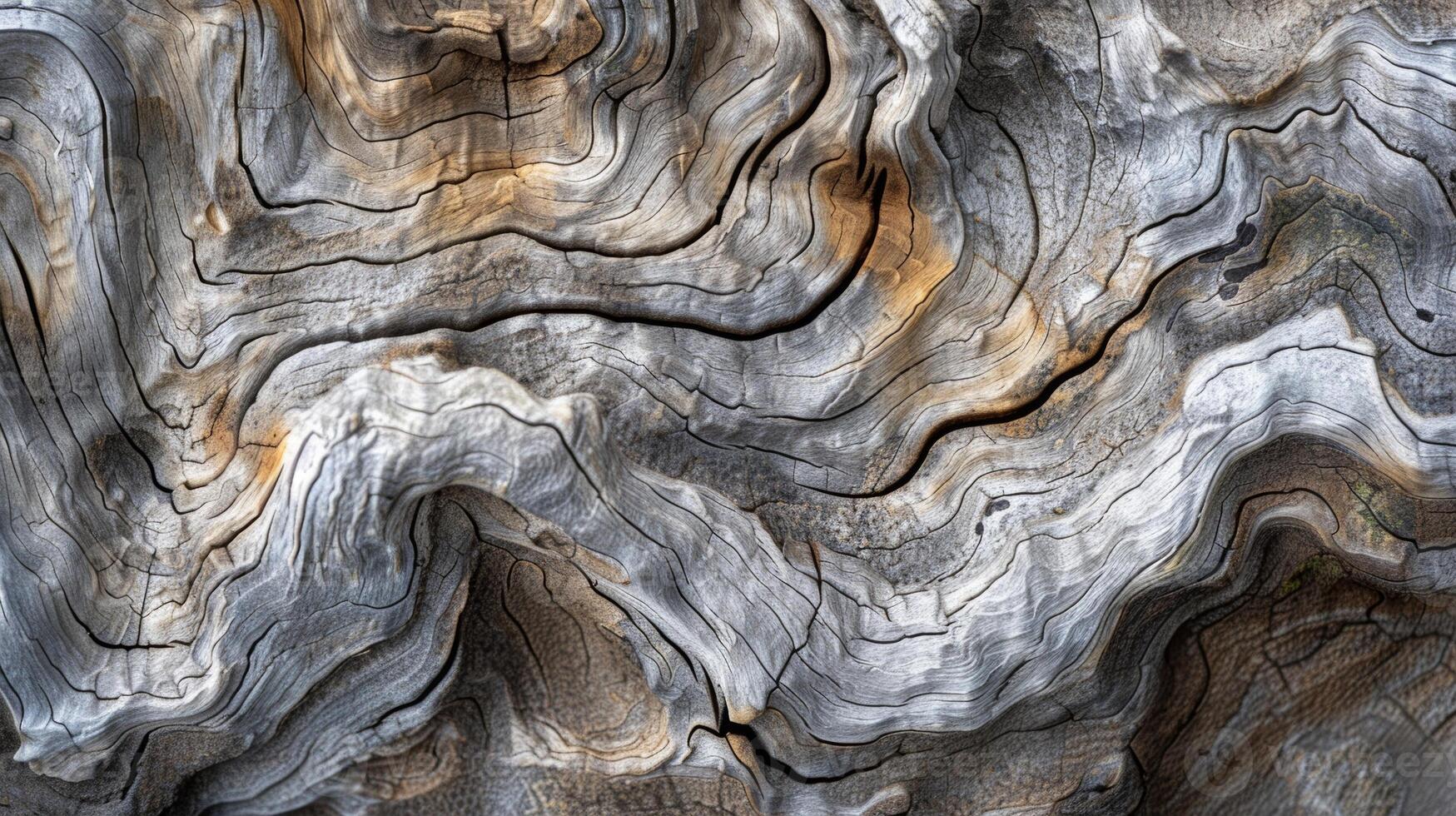 The closeup of a smooth patch of gnarled driftwood where the once rough surface has been worn down to a velvety softness by the constant motion of the waves photo