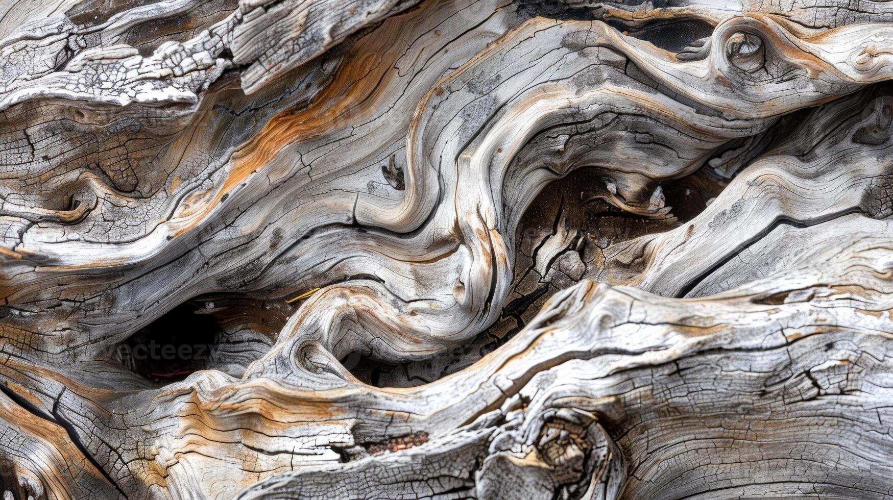 A closeup of gnarled driftwood weathered and worn displaying a craggy surface of sharp splintered edges photo