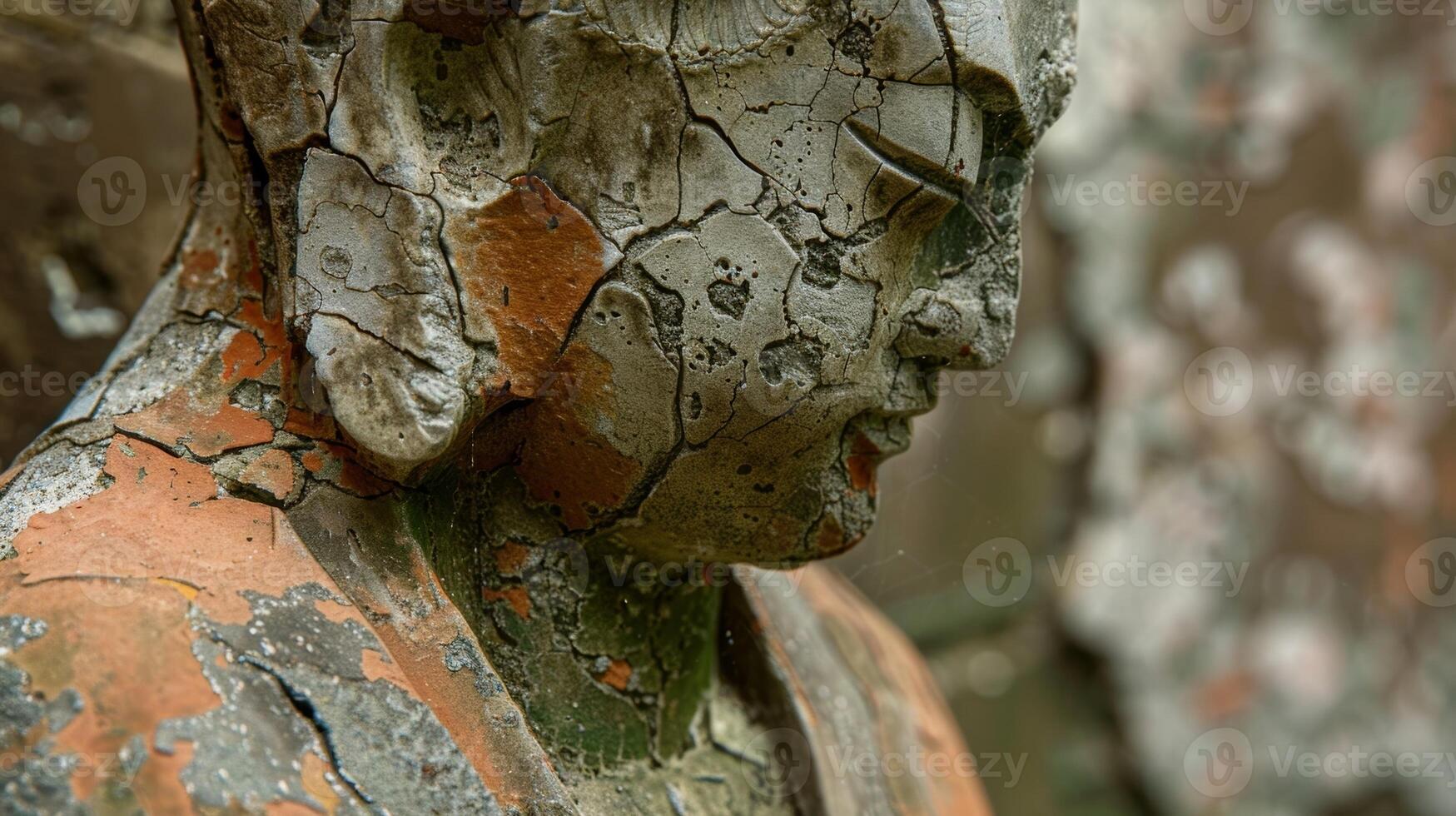 A closer look at a terracotta statue displaying a worn and chipped surface with visible layers of patina photo