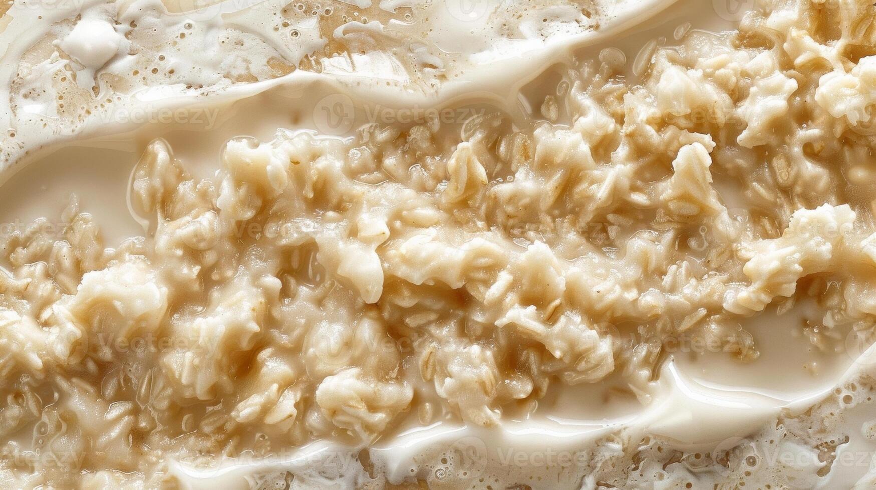 Detailed view of lumpy oatmeal with a thick layer of cream on top highlighting the contrast between the smooth and bumpy textures photo