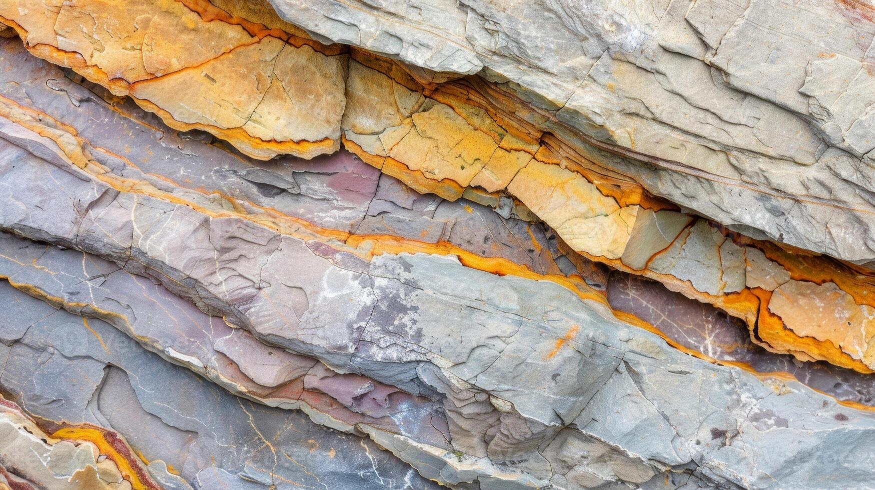 The rugged surface of chiseled stone with layers of sediment and sedimentary rock creating a colorful and unique pattern photo