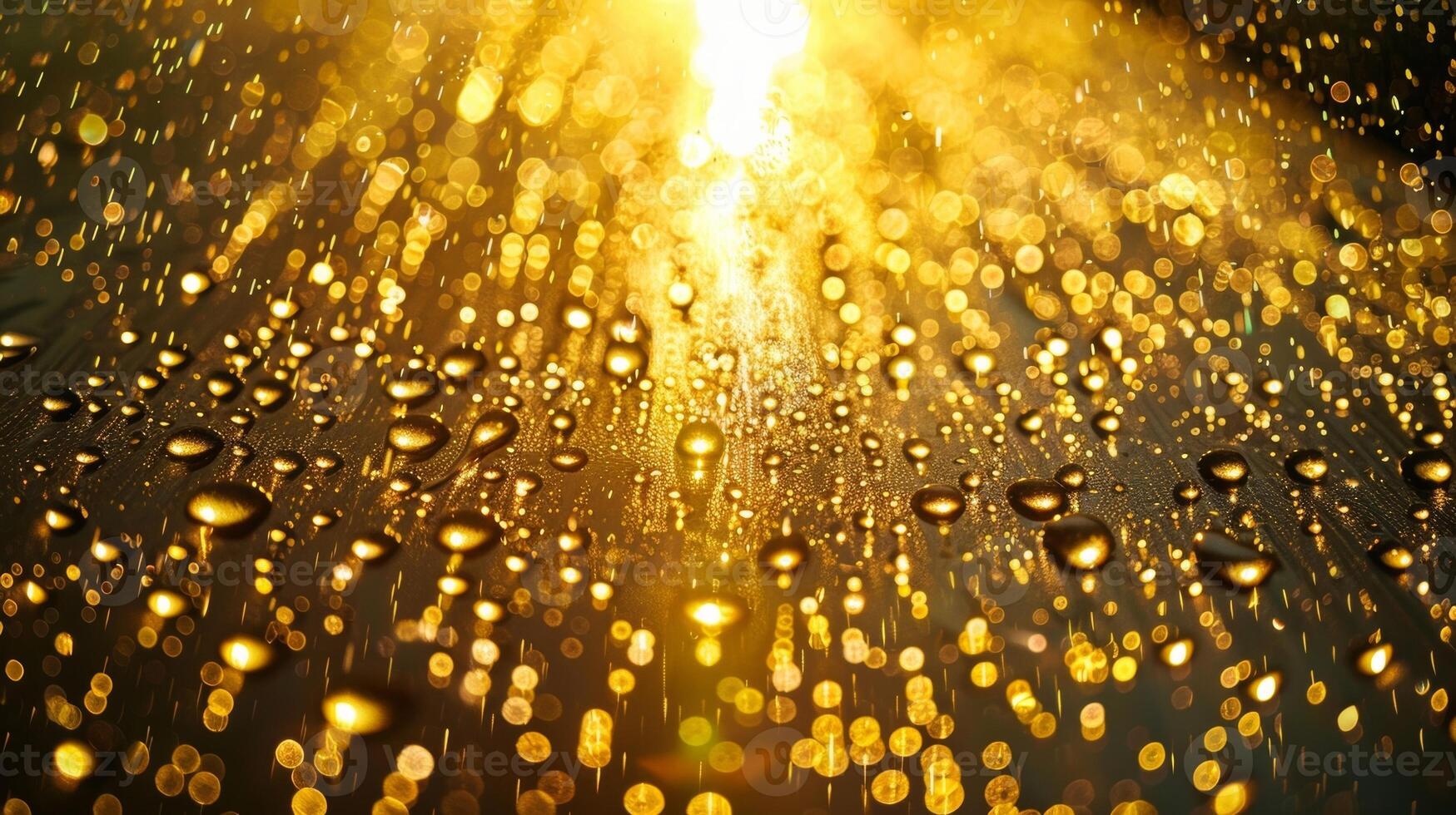 A of glistening water droplets on a metal surface each one reflecting the bright sun above in a different direction photo