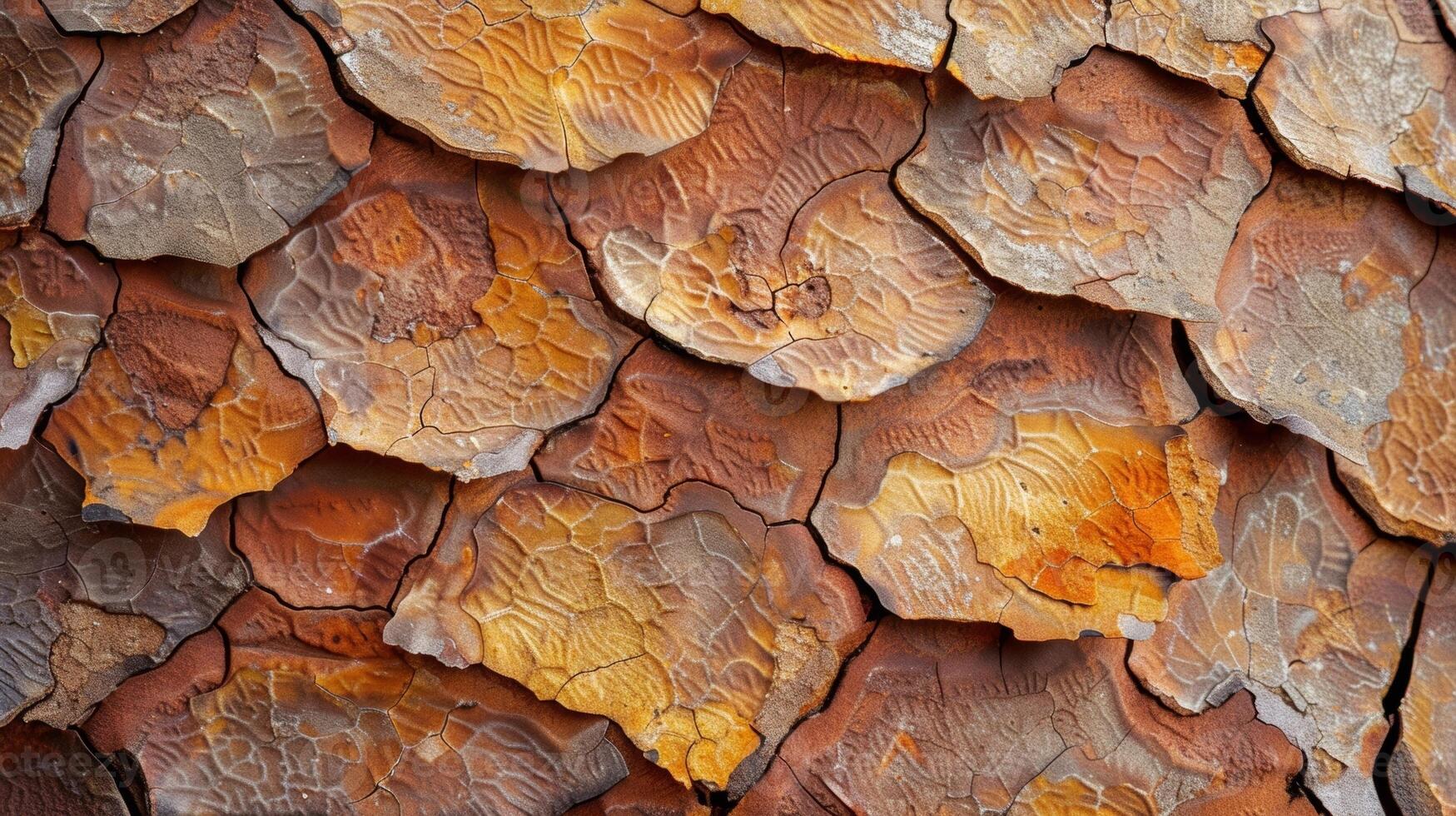 A rough and jagged bark almost resembling lizard scales with pockets of sticky resin tered throughout photo