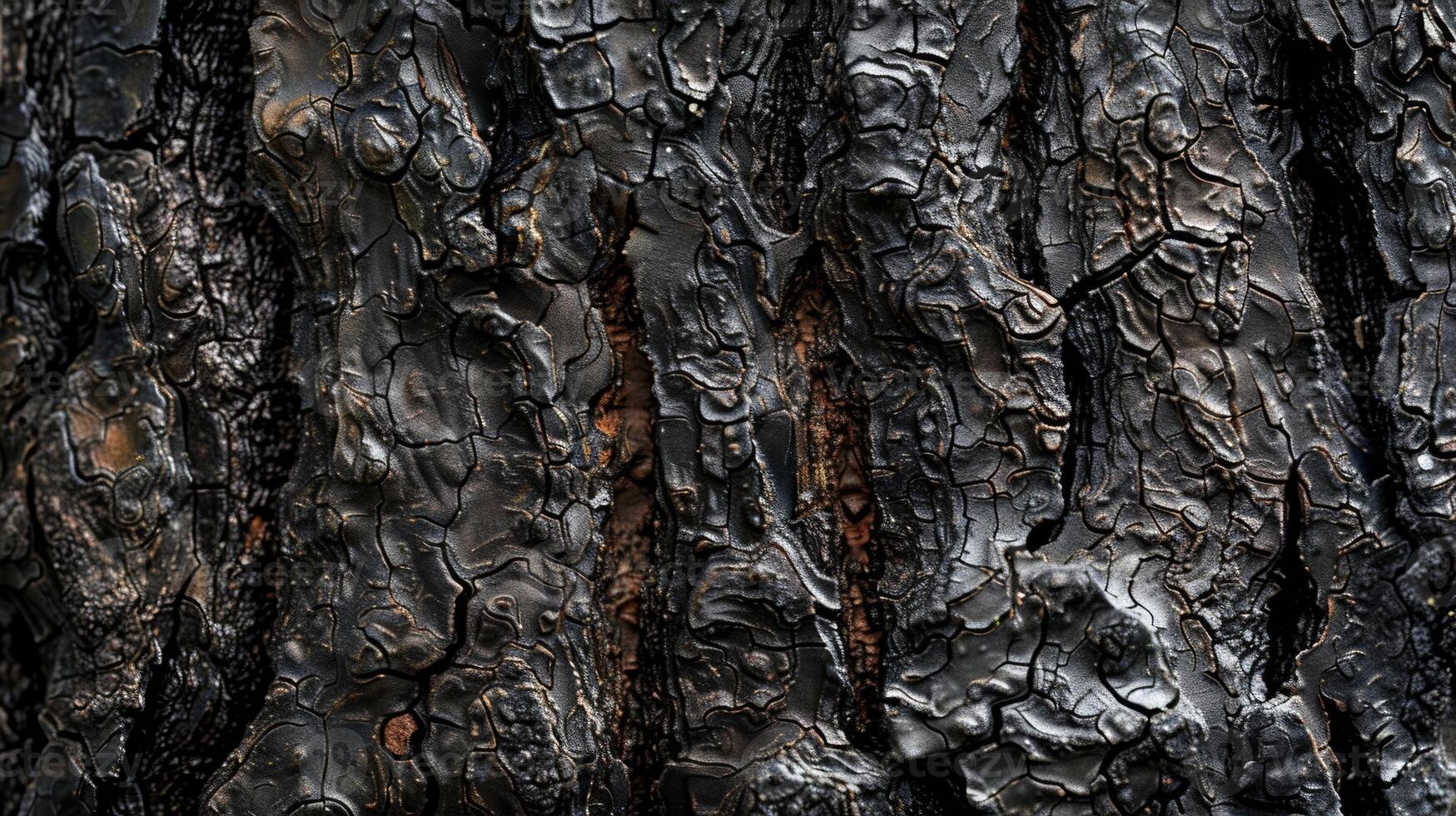 A closeup of a tree trunk with dark rough bark and thin transparent strands of resin stretching between the ridges photo