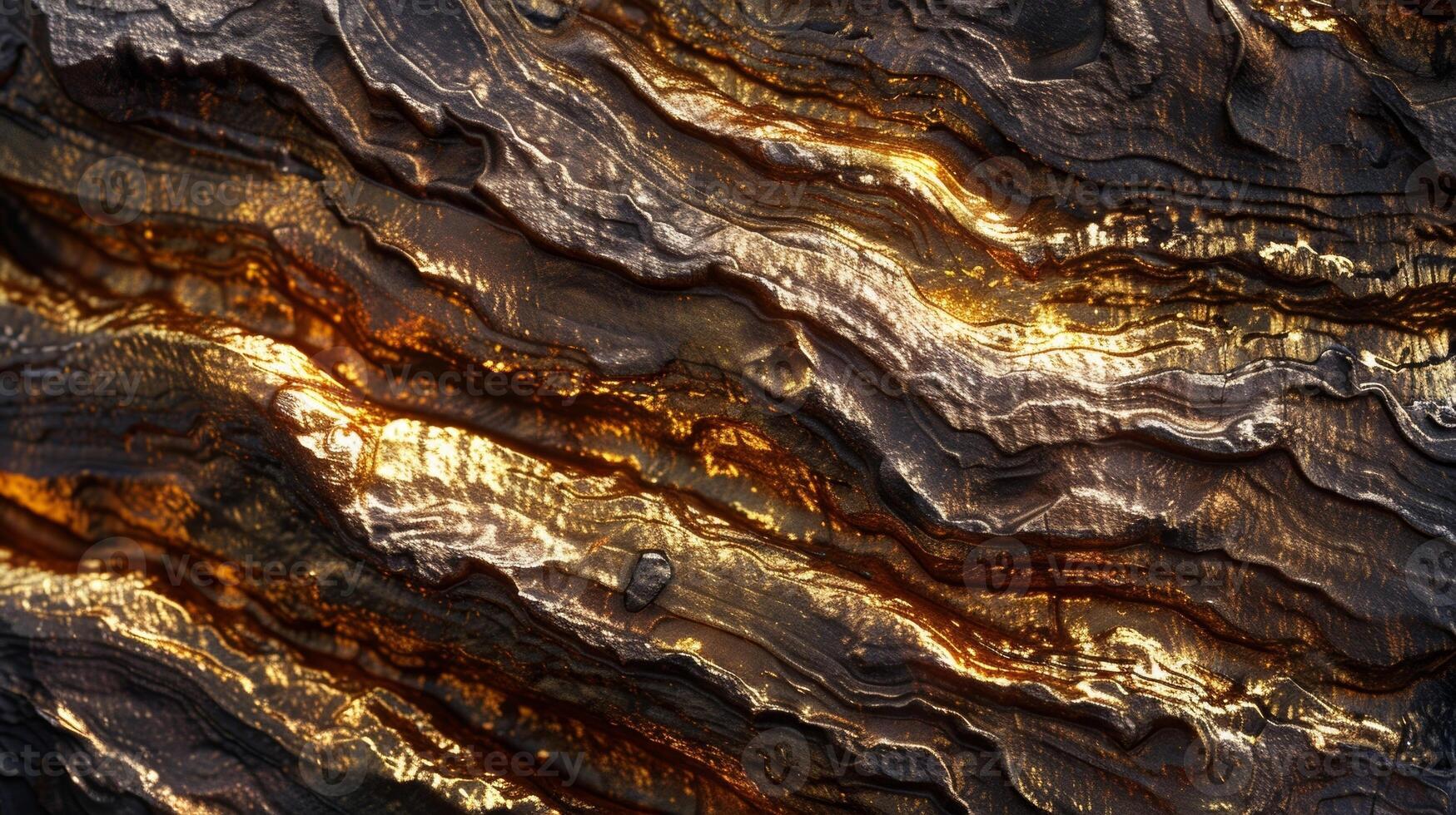The deep grooves and ridges of a trees bark are highlighted by the glossy golden resin that fills them creating a striking contrast in textures photo