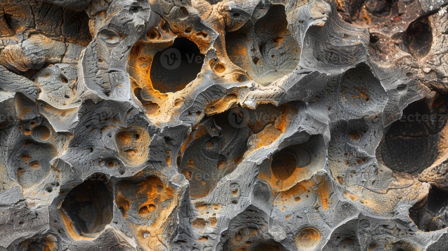 Intricate patterns and raised textures on a piece of porous lava rock showcasing its unique formation and composition photo