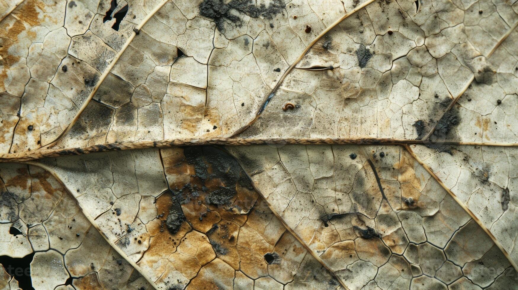 An extreme closeup shot of a dry withered leaf with a fragile brittle surface adorned with dark jagged spots and lines photo