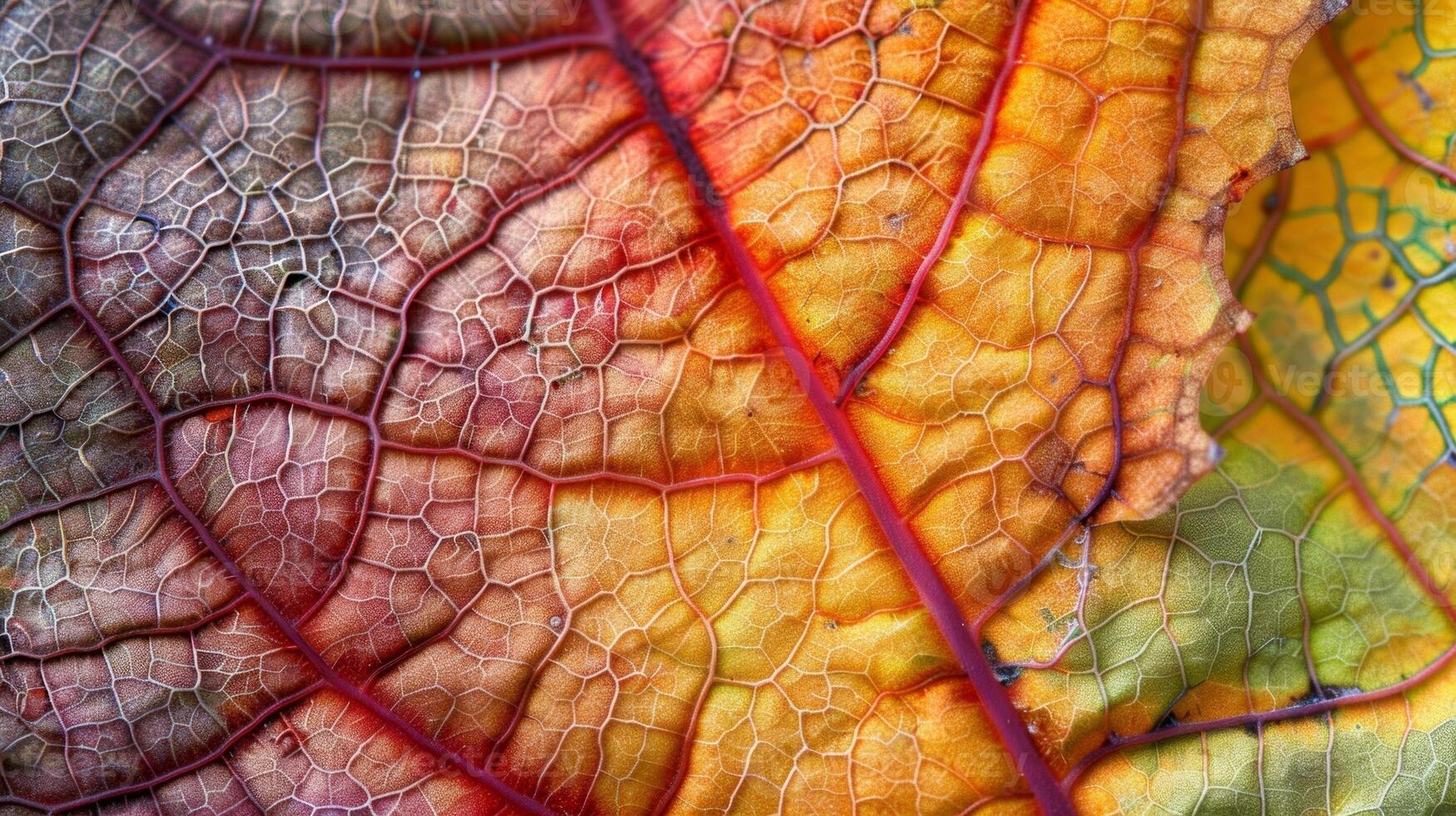 A closeup of an autumn leaf captured at the peak of its brittleness showing off a delicate weblike pattern and a mixture of vibrant and faded colors photo